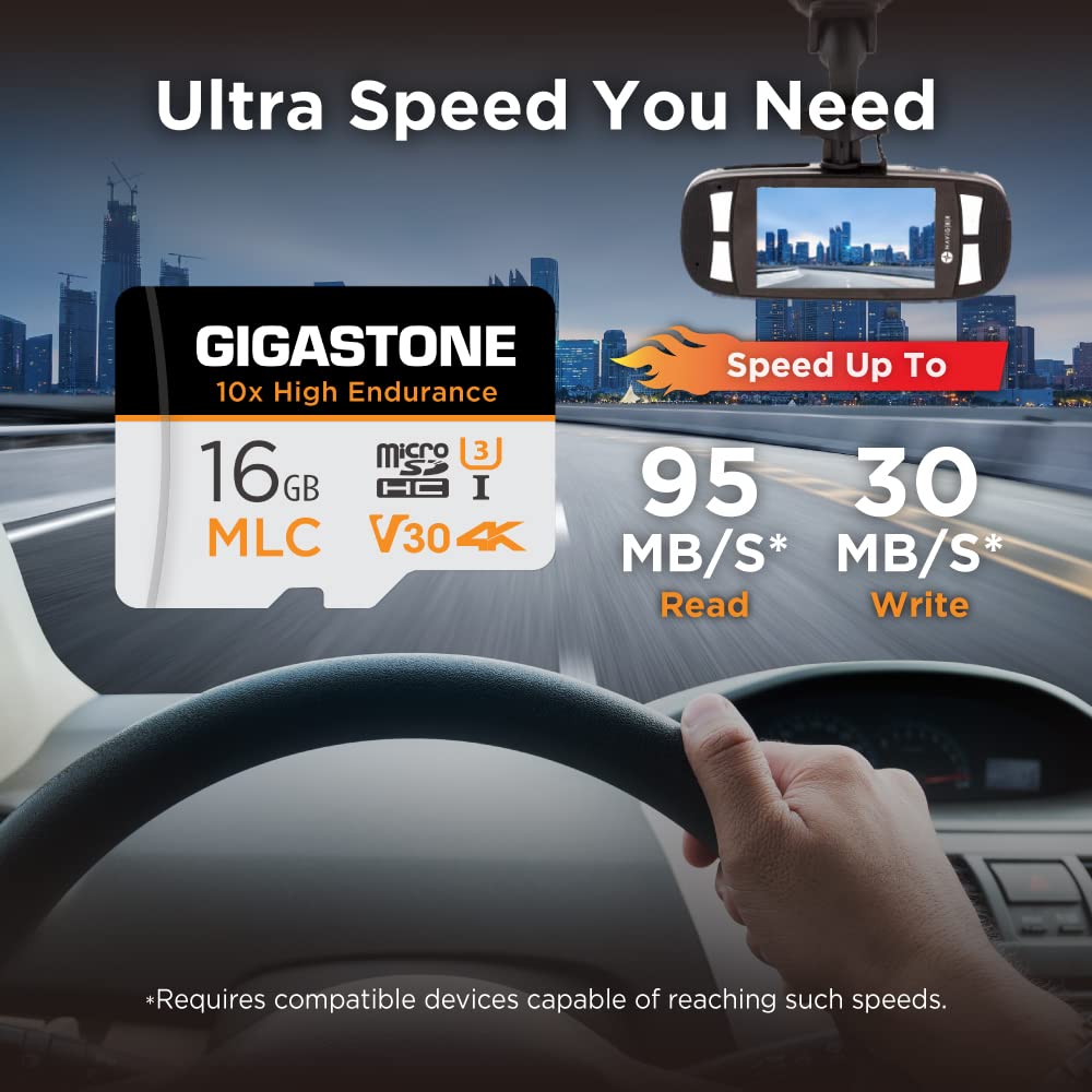 [10x High Endurance] GIGASTONE Industrial 16GB MLC Micro SD Card, 4K Video Recording, Security Cam, Dash Cam, Surveillance Compatible 95MB/s, U3 C10