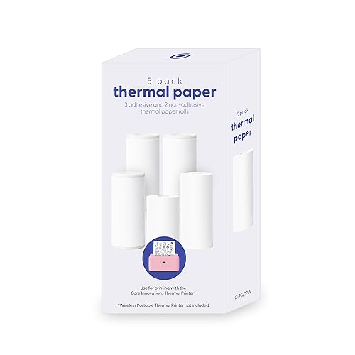 Core Innovations Thermal Printer Paper Bundle - 5 Rolls (3 Self-Adhesive Sticker Rolls + 2 Thermal Paper Rolls) for Wireless Portable Printer, Photos