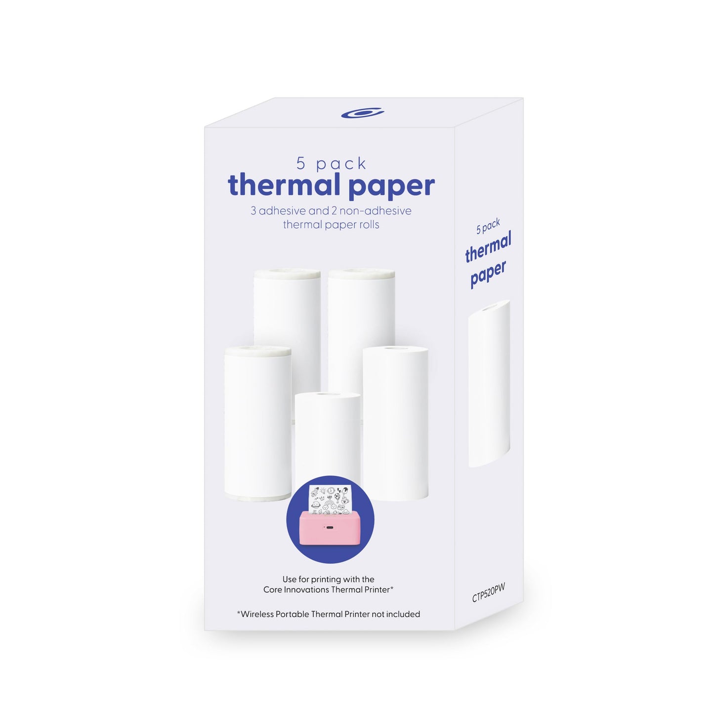 Core Innovations Thermal Printer Paper Bundle - 5 Rolls (3 Self-Adhesive Sticker Rolls + 2 Thermal Paper Rolls) for Wireless Portable Printer, Photos