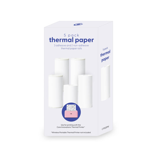 Core Innovations Thermal Printer Paper Bundle - 5 Rolls (3 Self-Adhesive Sticker Rolls + 2 Thermal Paper Rolls) for Wireless Portable Printer, Photos
