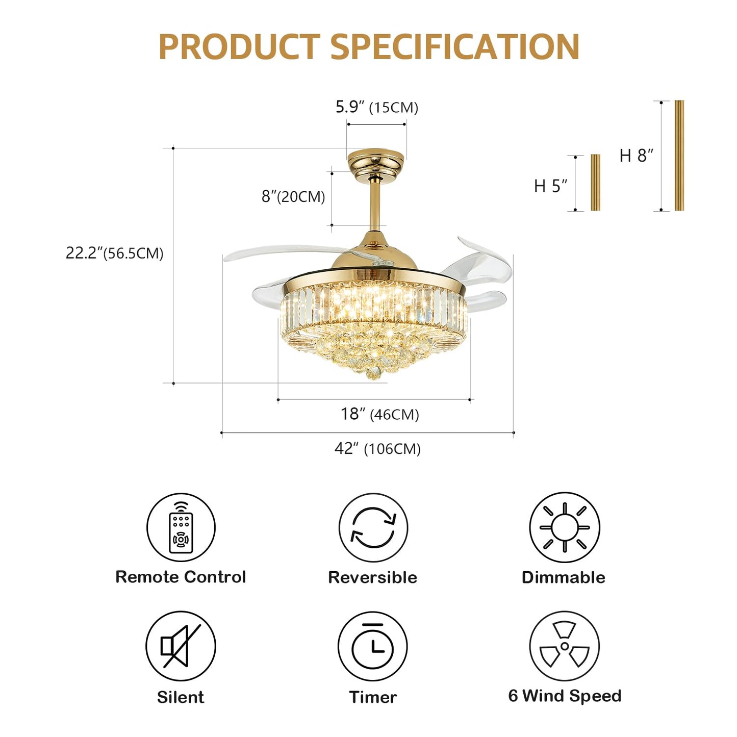 MOOONICHE 42 Inch Crystal Ceiling Fan with Light and Remote Modern Gold Dimmable Fandelier Invisible Retractable Chandelier Fan for Bedroom Living