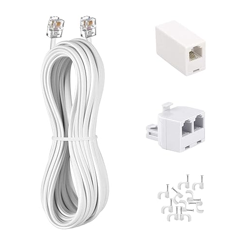 KINXIYU Phone Cord 50FT, Landline Telephone Cable with RJ11 Plug, Includes Telephone Inline Coupler RJ11 Splitter and 20pcs Cable Clips(White)