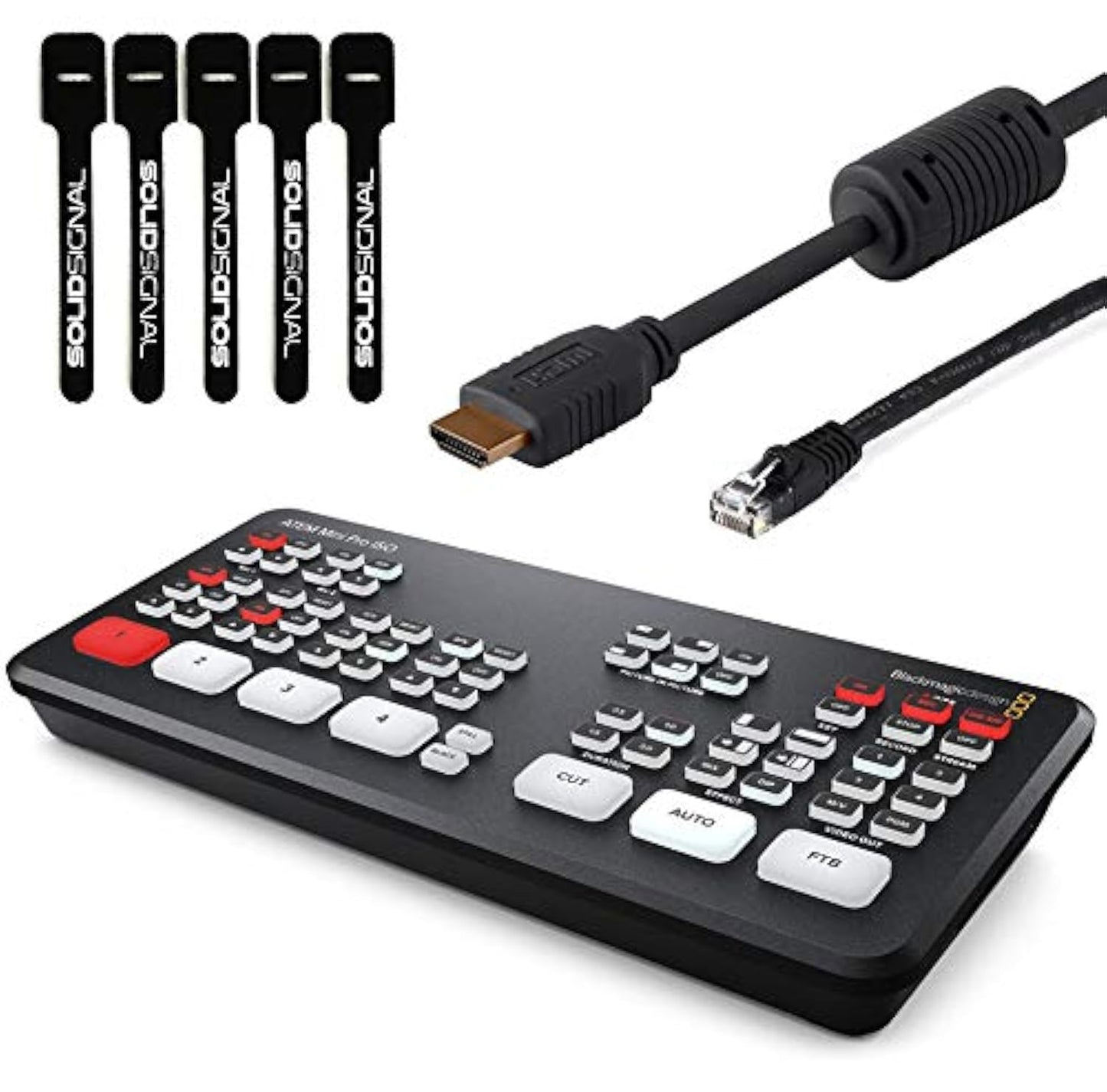 Blackmagic Design ATEM Mini Pro ISO HDMI Live Stream Switcher Bundle with 6’ HDMI Cable, 7’ Cat5e Cable, and 5-Pack of SolidSignal Cable Ties