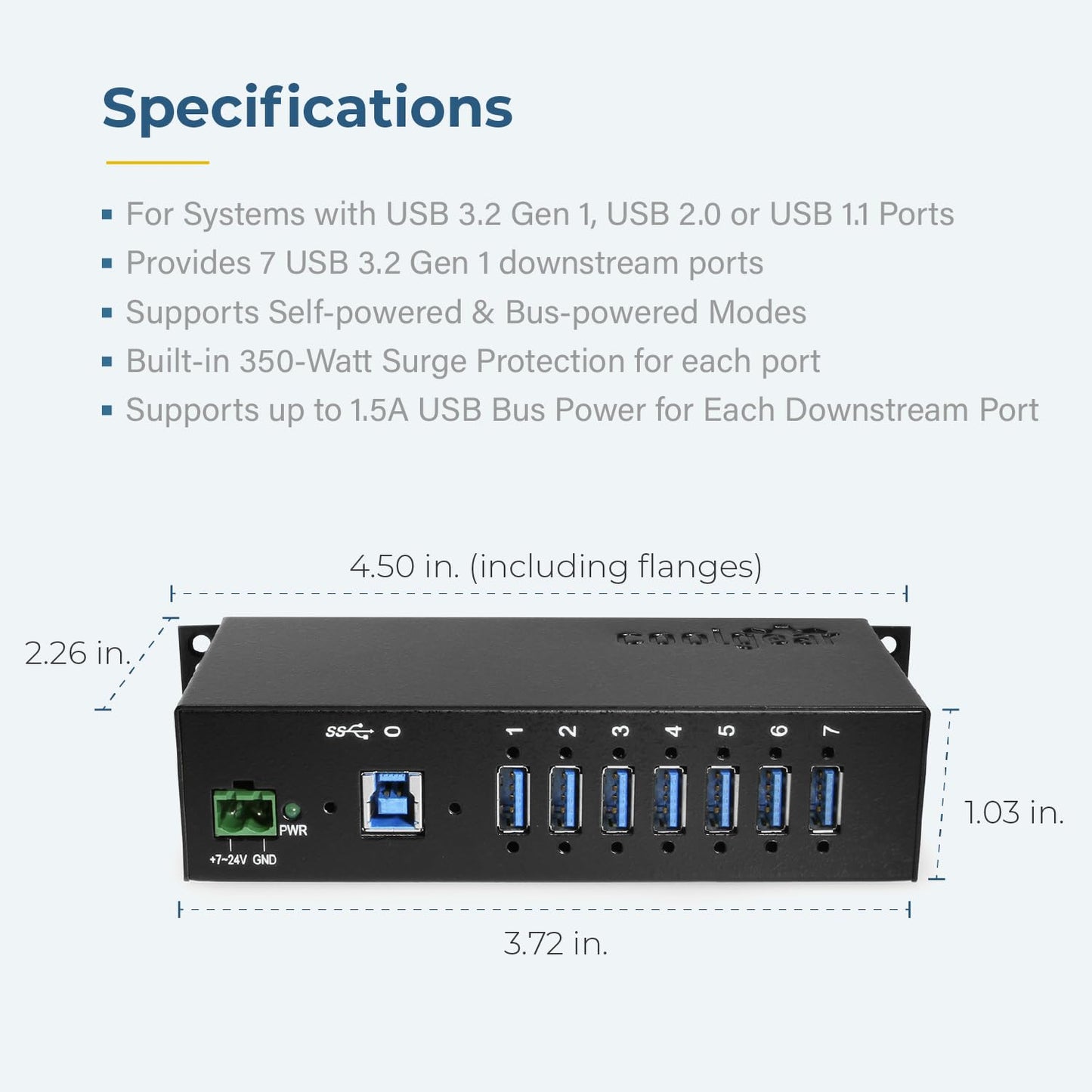 Industrial 7-Port USB 3.2 Hub with Screw-Locking Ports, 5Gbps Speeds, and Surge Protection
