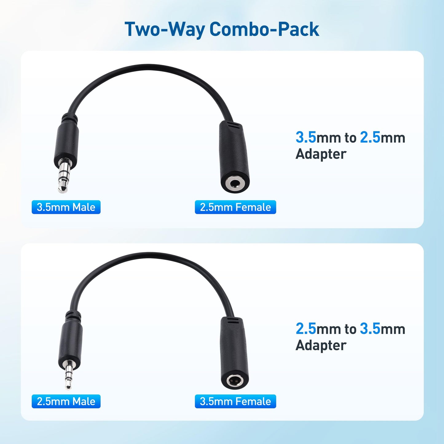Cable Matters Combo-Pack TRS 2.5 mm and 3.5 mm Headphone Adapter Kit (1X 2.5mm to 3.5mm Converter and 1X 3.5mm to 2.5mm Converter) in Black - 4 Inches