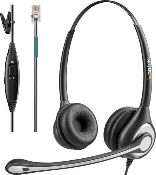 Wantek RJ9 Telephone Headset with Microphone Noise Cancelling, Office Phone Headset Compatible with Plantronics S12 Polycom VVX310 VVX410 VVX411 Avaya