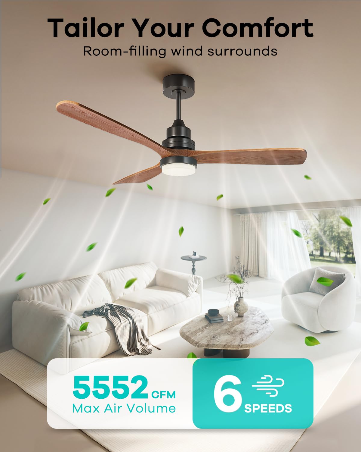Ceiling Fans with Lights and Remote, 60 Inch 3 Blade Modern Wood Ceiling Fan with 3 Downrods, Quiet DC Motor, Outdoor Ceiling Fan for Bedroom Living