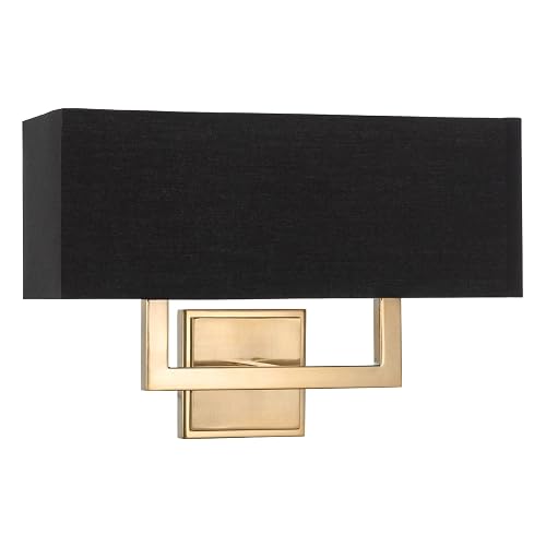Kira Home Haven 16" 2-Light Modern Gold Wall Sconce with Black Fabric Shade, Mid Century Rectangular Gold Wall Light, Cool Brass Finish