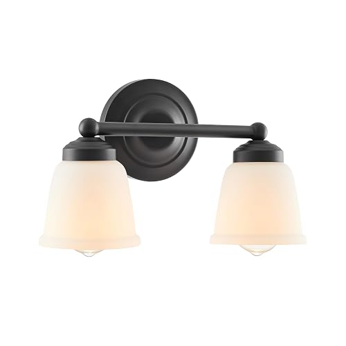 Aspen Creative 62013-2A, Two-Light Metal Bathroom Vanity Wall Light Fixture, 13 1/2" Wide, Transitional Design in Matte Black with Frosted/White Paint