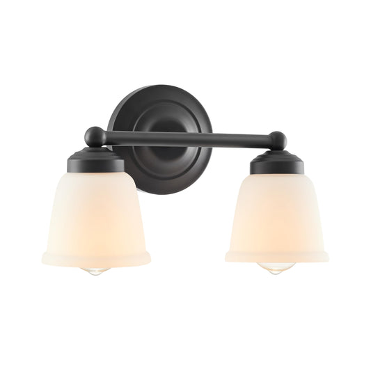 Aspen Creative 62013-2A, Two-Light Metal Bathroom Vanity Wall Light Fixture, 13 1/2" Wide, Transitional Design in Matte Black with Frosted/White Paint