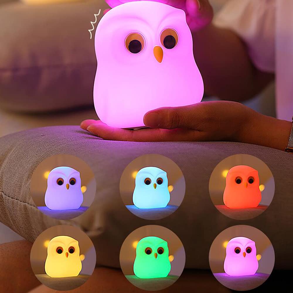Cute Owl Kids Night Light,USB Rechargeable Cute Animal Lamps,Creative Feeding Light at Night LED Color Changing Soft Silicone Lamp Christmas Bedside