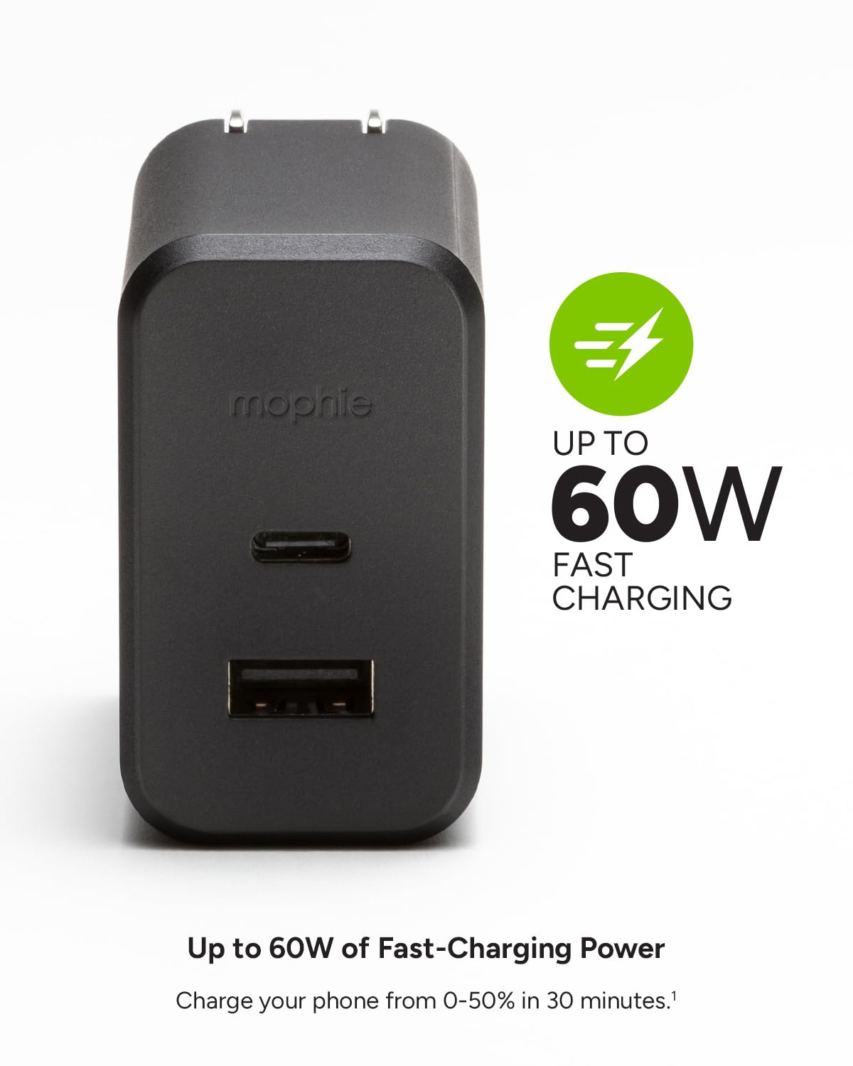 Mophie GaN 60W USB C Charger Block with USB A Port - Fast Wall Charger for iPhone, iPad, Google Pixel, Samsung Galaxy, MacBook Pro, Laptops, and More