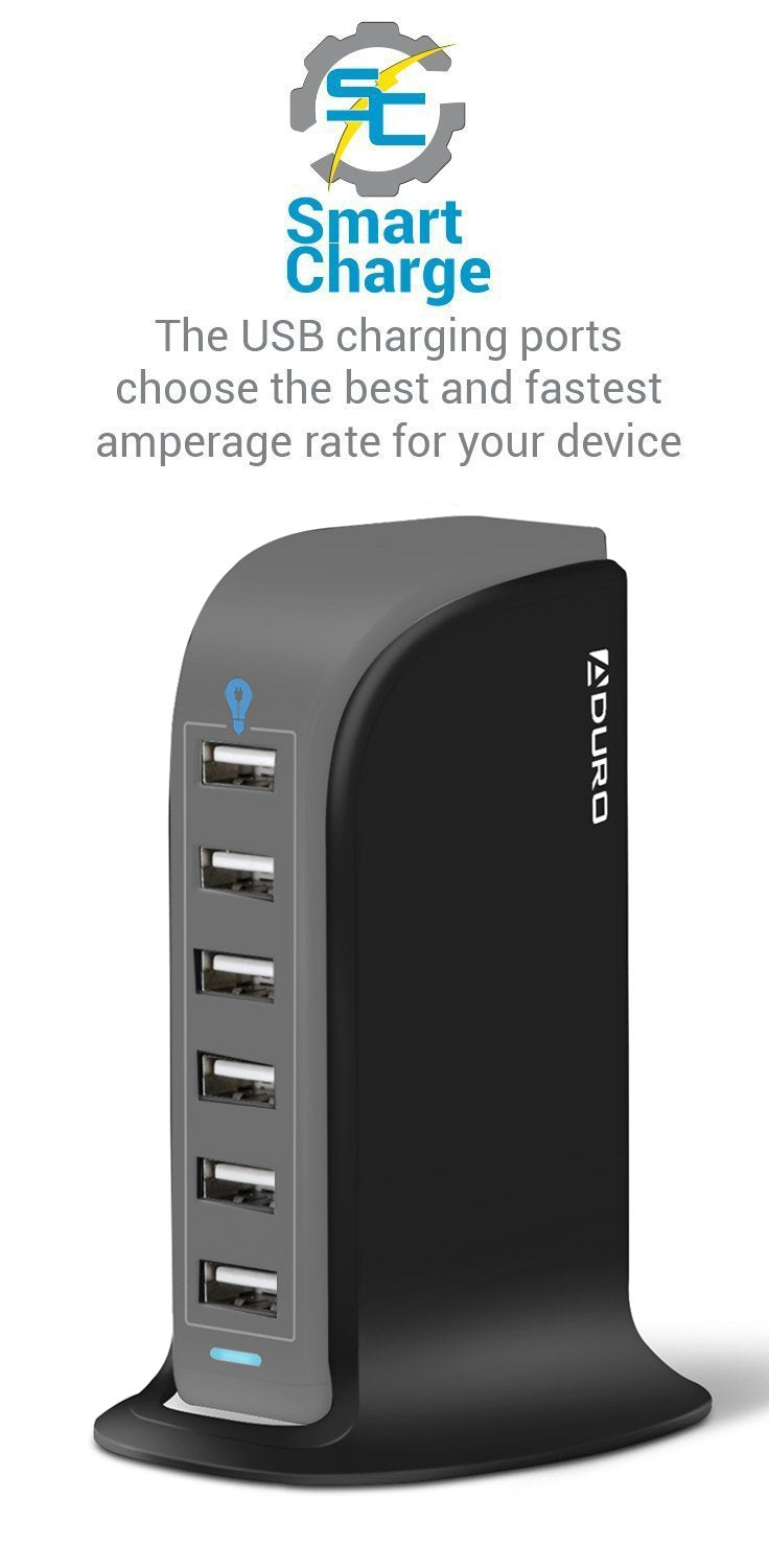 Aduro 40W 6-Port USB Desktop Charging Station Hub Wall Charger for iPhone iPad Tablets Smartphones with Smart Flow (Black/Grey)