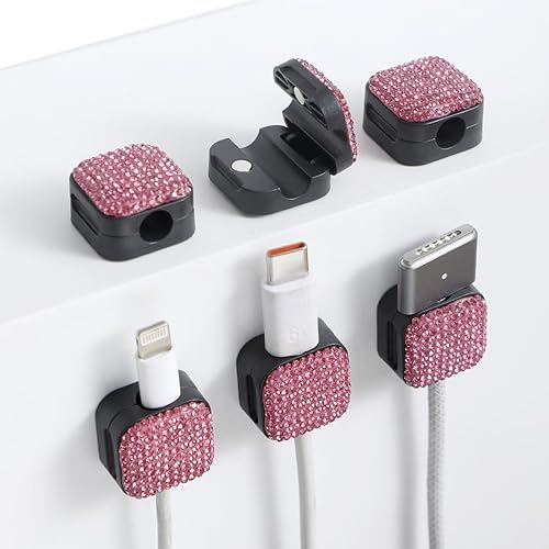 Sparkly Diamond Cord Organizer Holder, 6 Pack Magnetic Desk Cable Clips Management, Hide Phone Charging Cable Keeper, Strong Adhesive Wire Charger