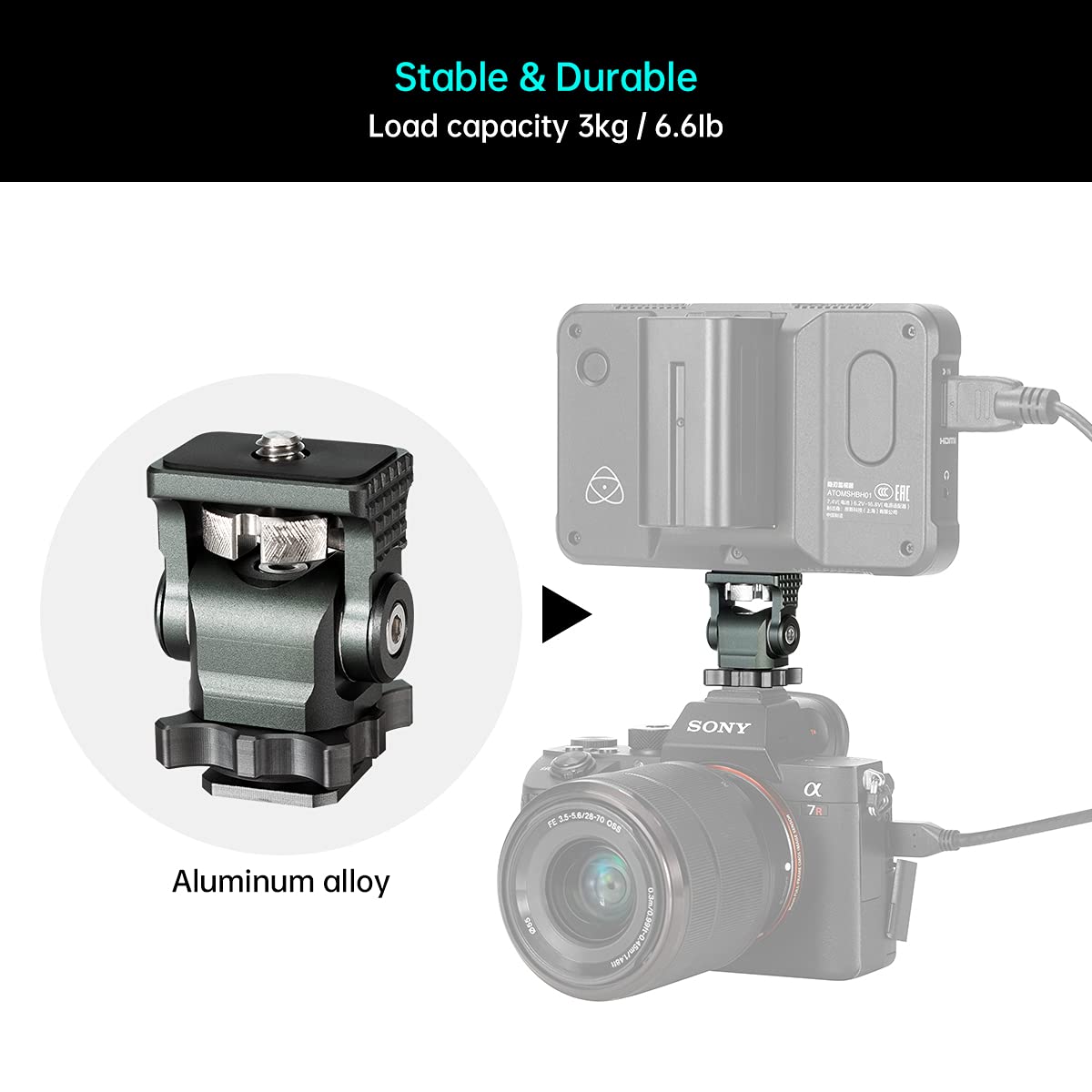 Camera Monitor Mount with Cold Shoe 1/4 Screw for 5" & 7" Monitor, 360°Swivel and 176° Tilt Field Mount Holder for LED Lights, Flash, Microphone
