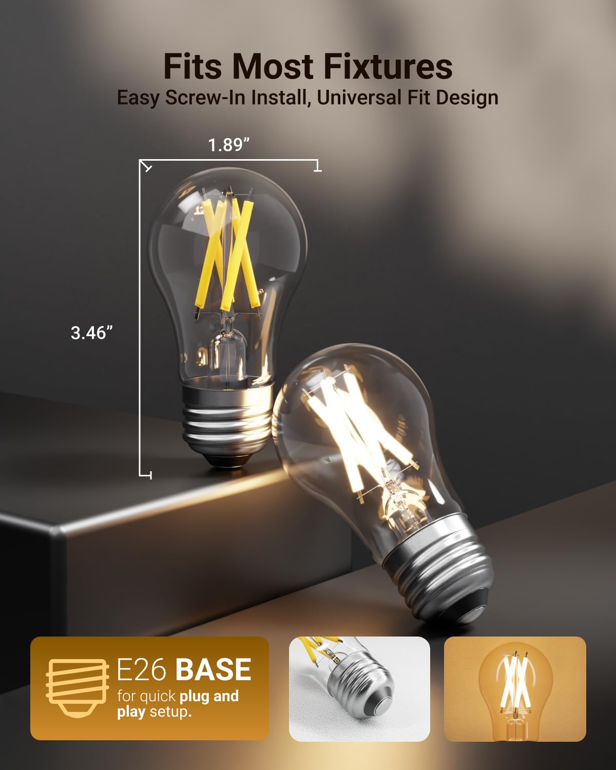 Sunco A15 Filament LED Light Bulbs, E26, 7W=60W, Dimmable, 5000K, 6 Pack