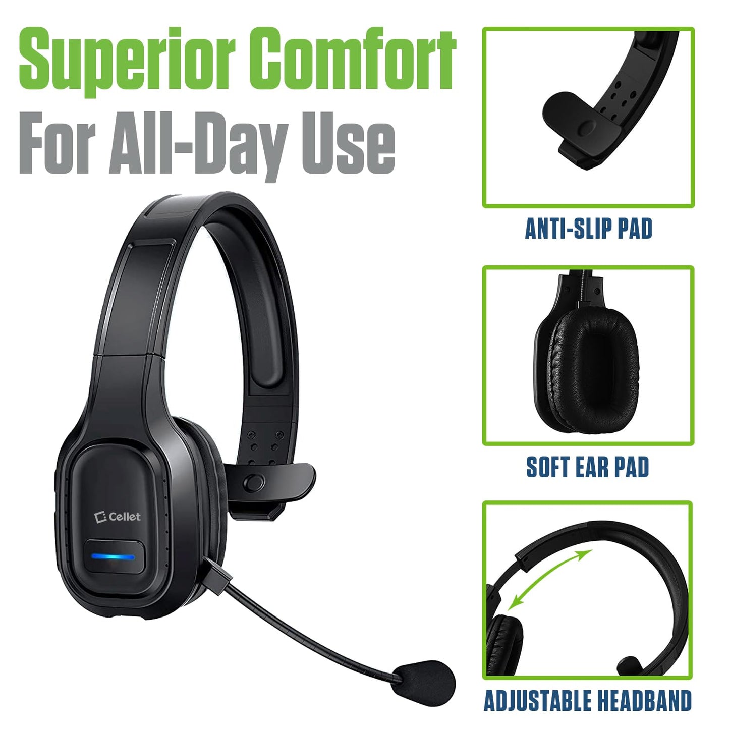 Cellet Overhead Boom Mic Wireless Headset with Noise Cancelling, Echo Reduction, 34H Talk Time, 30ft Range - Adjustable Headband, All-Day Comfort