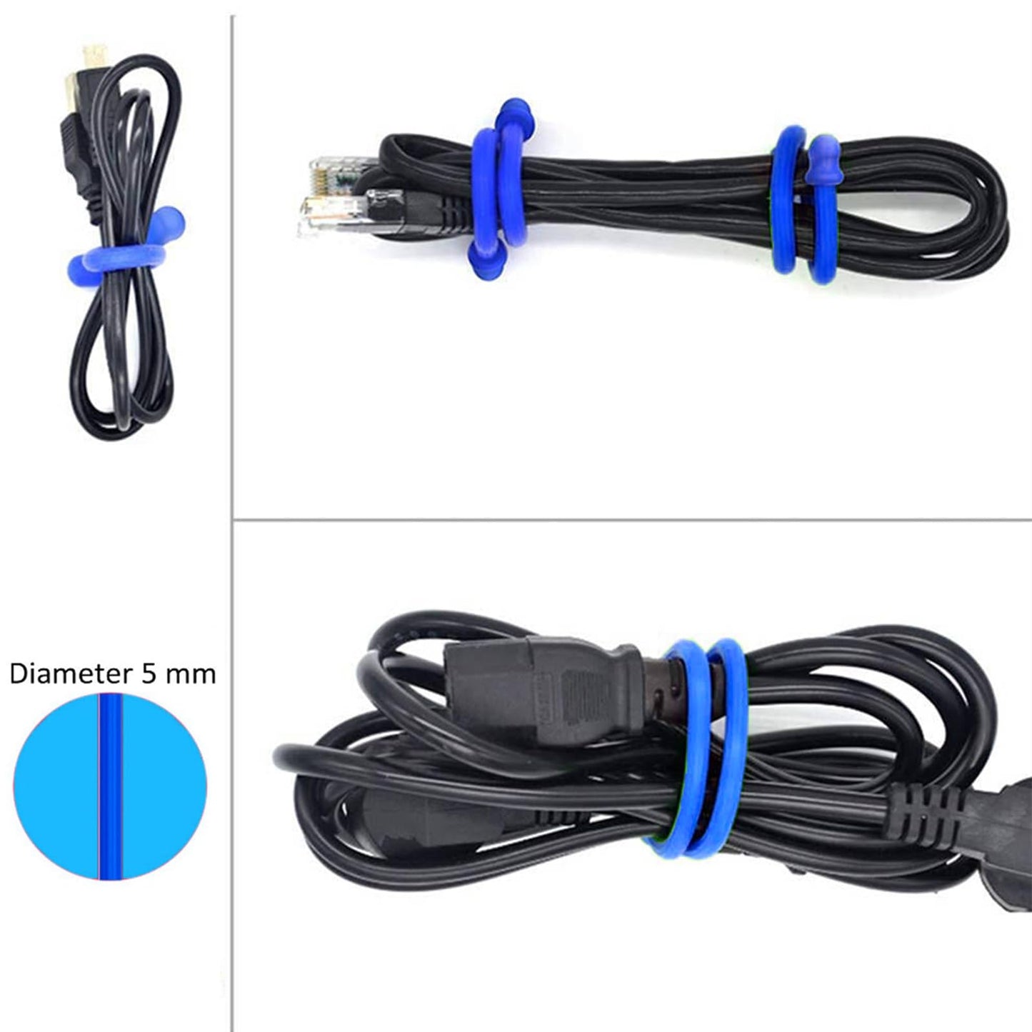 6Pcs 15-Inch Silicone Cable Tie, Steel-Core Twist Ties, Reusable Rubber Straps for Organizing, Dia 5mm