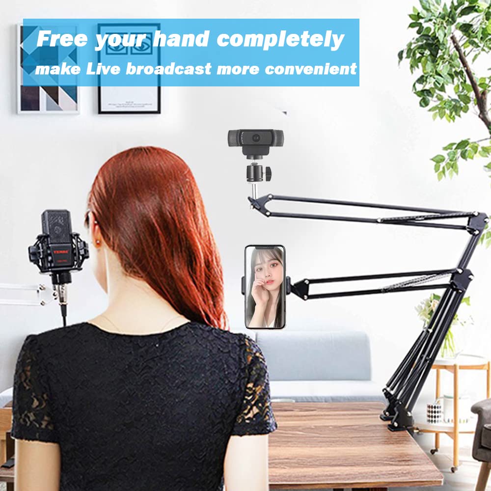 YIYANT Overhead Tripod Mount for Camera Webcam Ring Light, Over Head Articulating Arm with Phone Holder and Ball Head, Desktop Suspension Scissor