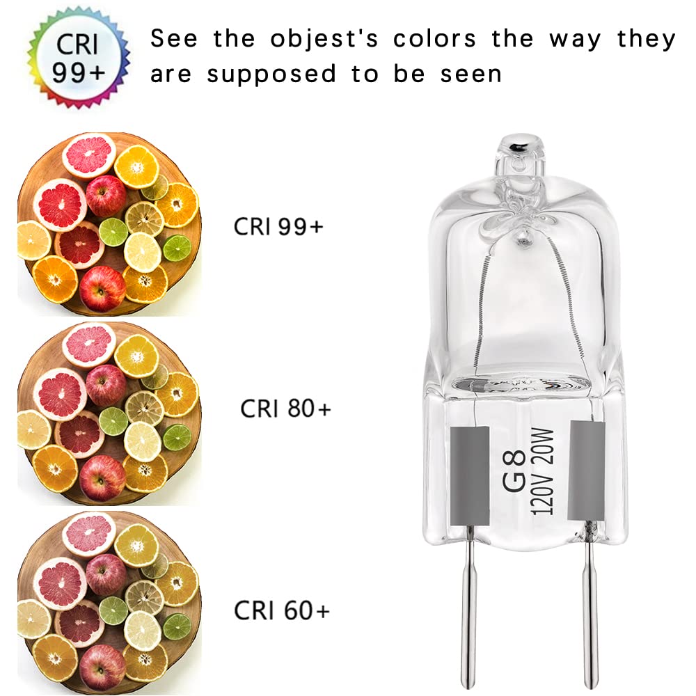 YBEK G8 Halogen Light Bulbs 20W 120V Under Cabinet Lighting Replacements 2Pin 2700K Warm White (Pack of 10)