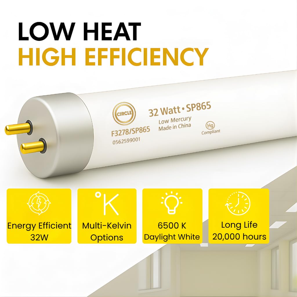 Circle F32T8/SP865 T8 Fluorescent Light Bulbs 48 Inch, 32W 6500K Daylight, G13 Medium Bi-Pin Base, 4FT Commercial Ceiling Light Replacement