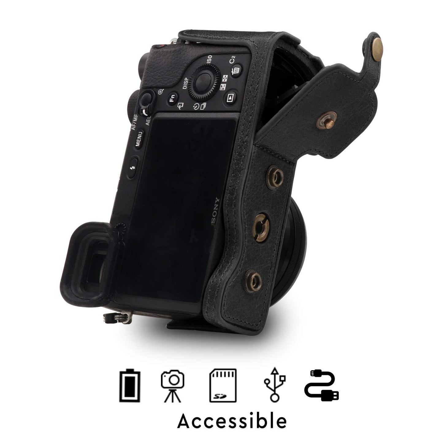 MegaGear MG1646 Ever Ready Genuine Leather Camera Case Compatible with Sony Alpha A6100, A6400 (16-50mm) - Black