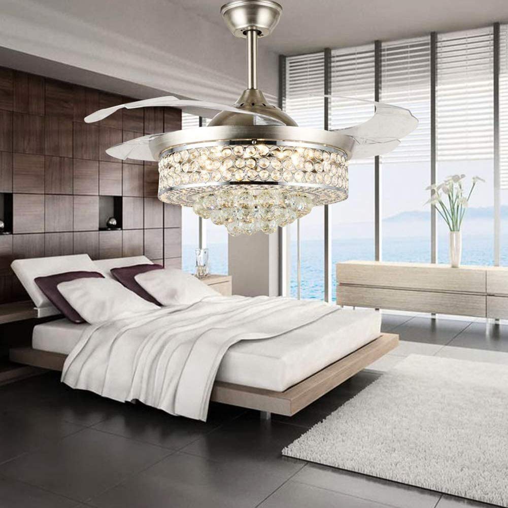 A Million 42" Crystal Ceiling Fan with Light Retractable Blades Brushed Nickel Modern LED Chandelier Remote 3 Colors 3 Speeds Change Silent Ceiling