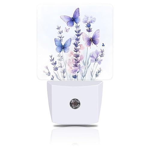 FOISIIAEA Night Light Watercolor Lavender Flower with Butterfly Night Lights Plug into Wall Smart Dusk to Dawn Sensor 0.5W Energy Efficient Led Lamp