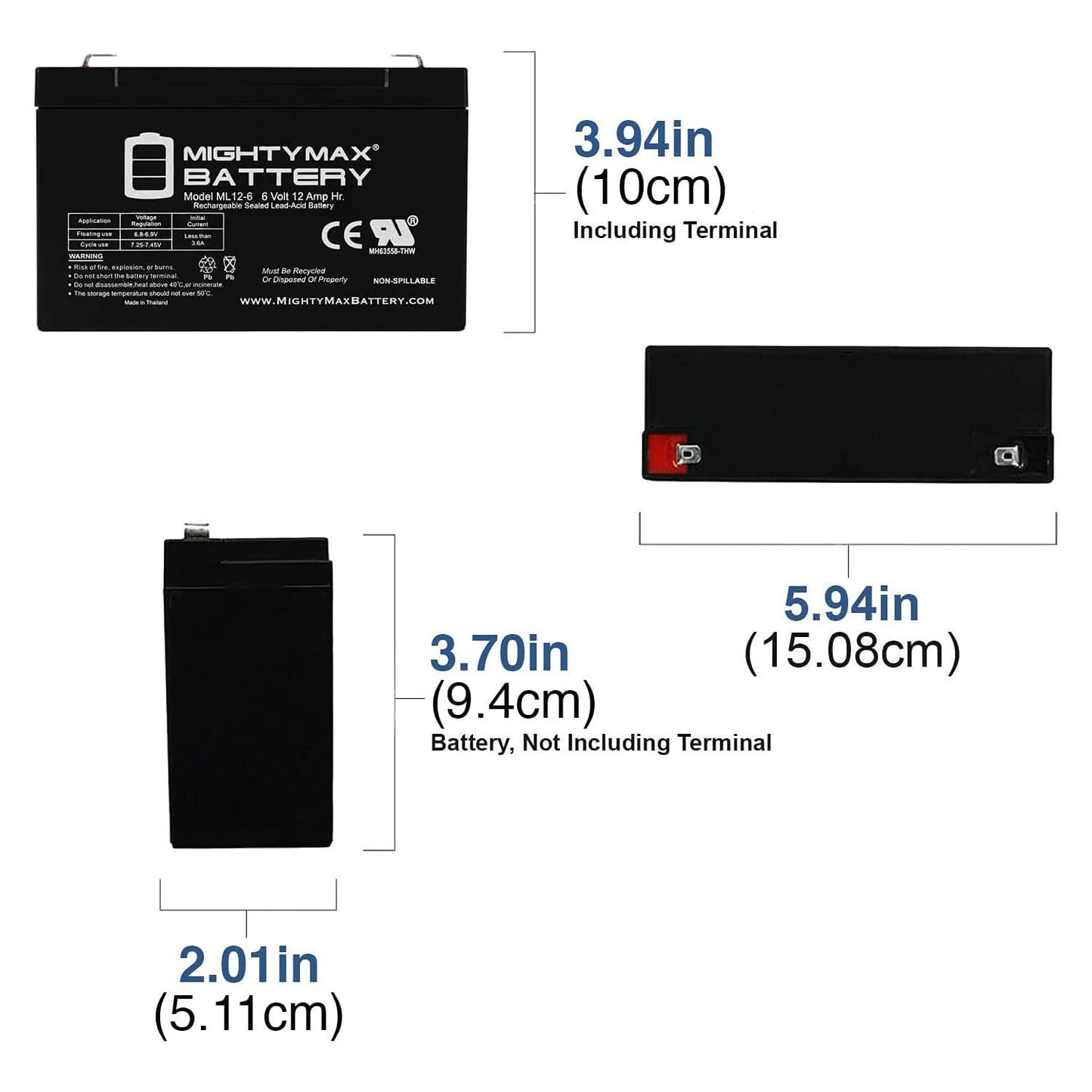 Mighty Max Battery ML12-6F2-6 Volt 12 AH, F2 Terminal, Rechargeable SLA AGM Battery