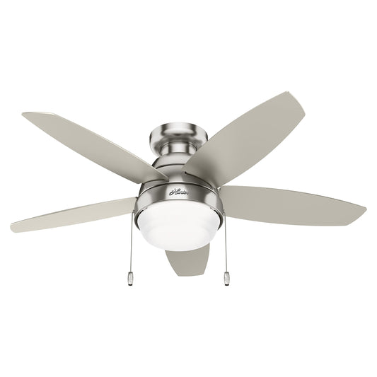Hunter Fan 44 inch Low Profile Brushed Nickel indoor Ceiling Fan with Light Kit and Pull chains (Renewed)