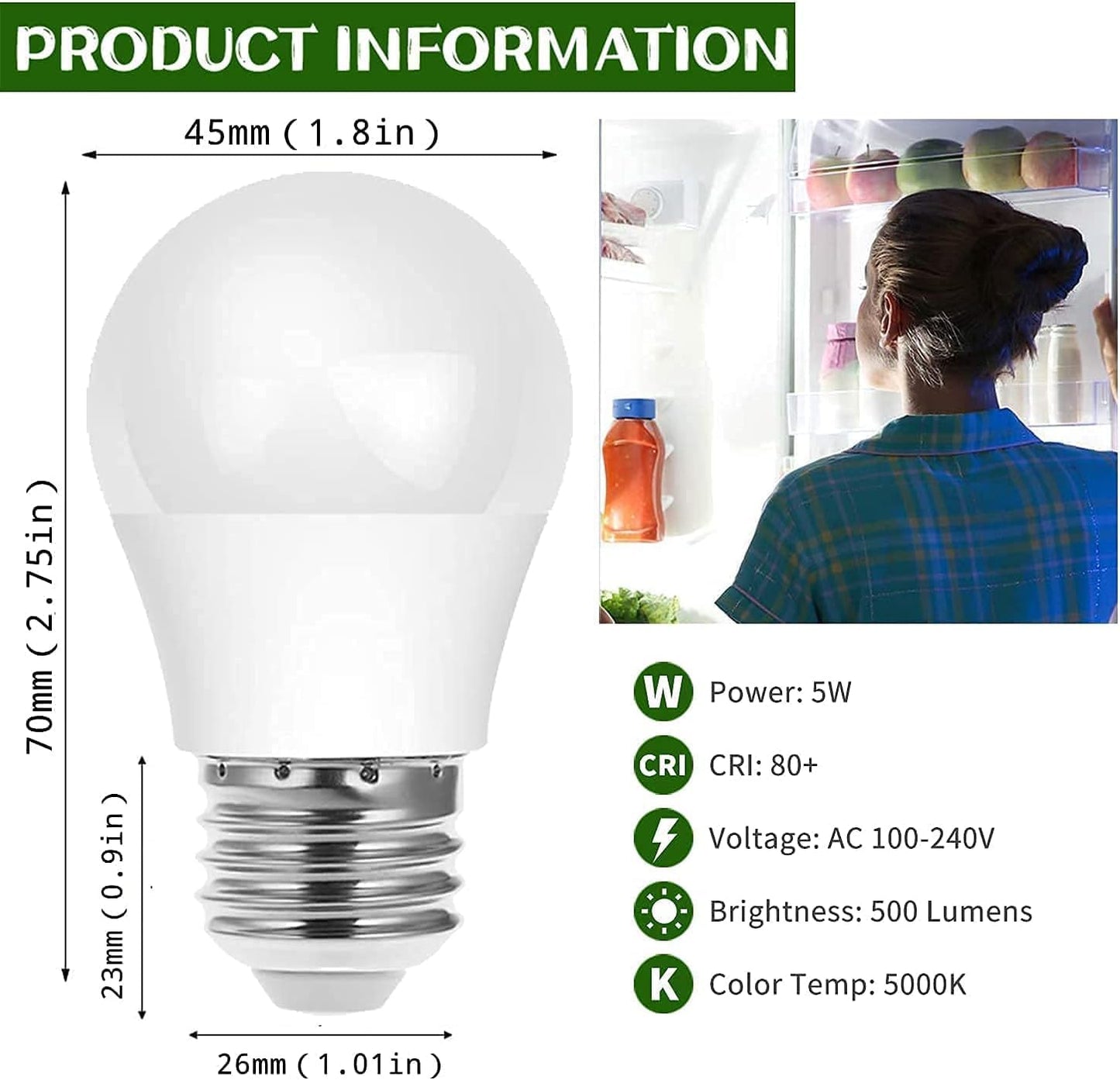 LEDERA LED Refrigerator Light Bulb, CRI>80Ra 40 Watt(5W=40W) Appliance Light Bulb 5000K Daylight E26 Led Bulb Led Light Bulb Refrigerator Bulb