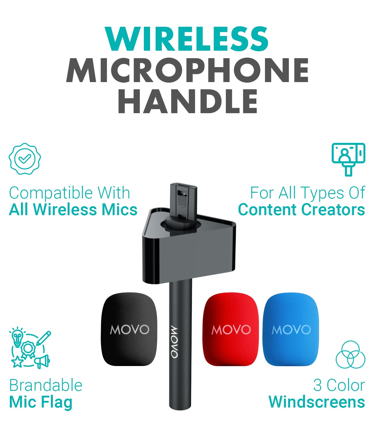 Movo WMX-HMF2 Wireless Microphone Handle with Mic Flag - Handheld Grip for DJI Mic, Rode GO II - Includes Lav Microphone Holder, Adapter & 3
