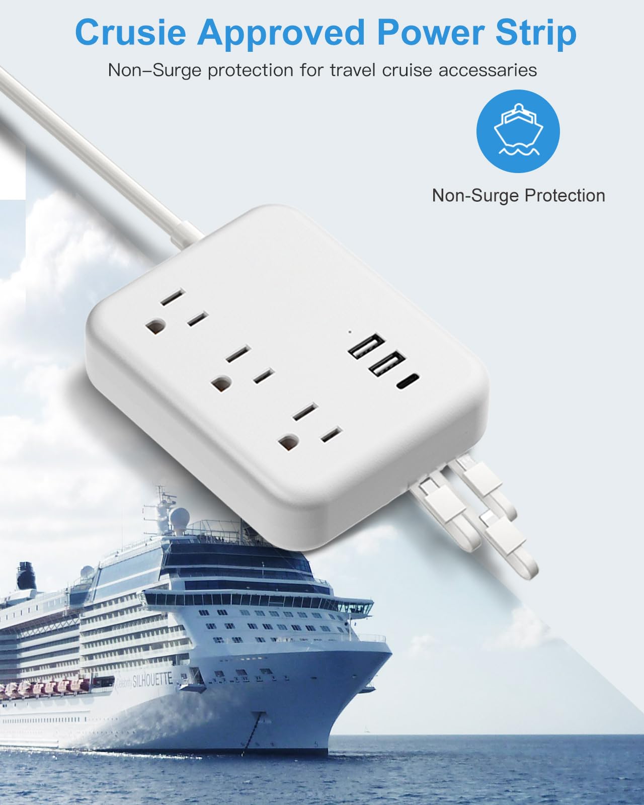 Travel Power Strip with USB Ports, 3 Built-in Cables, Flat Plug Extension Cord, 3 Outlets 6 USB with 5 FT Flat Extension Cord, Compact for Hotel