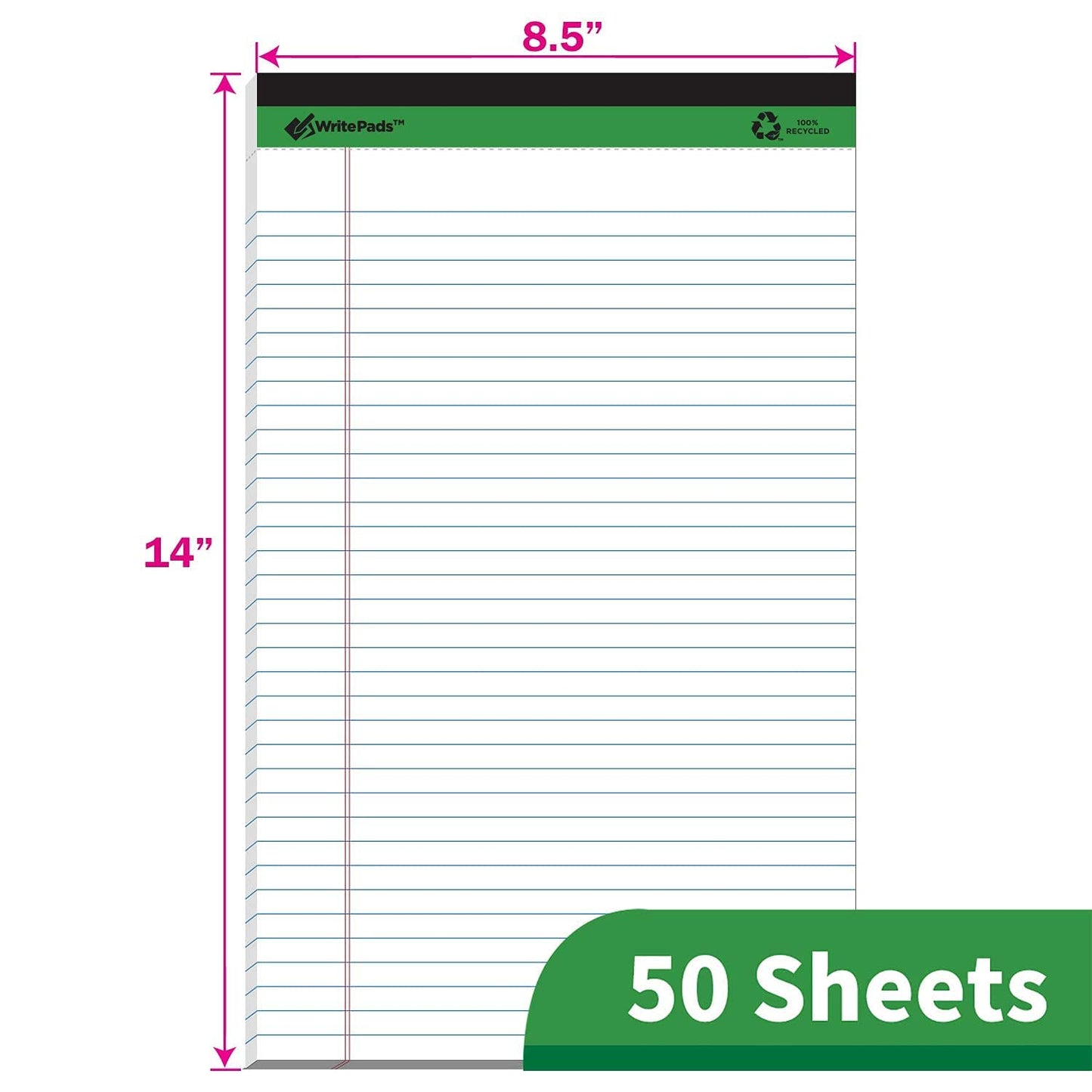 KAISA White Legal Pads Writing Pads 600 Sheets Recycled Paper, 8.5"x14" Wide Ruled Lined Paper Perforated 50 sheets Hard Back Notepads Large Legal Pad