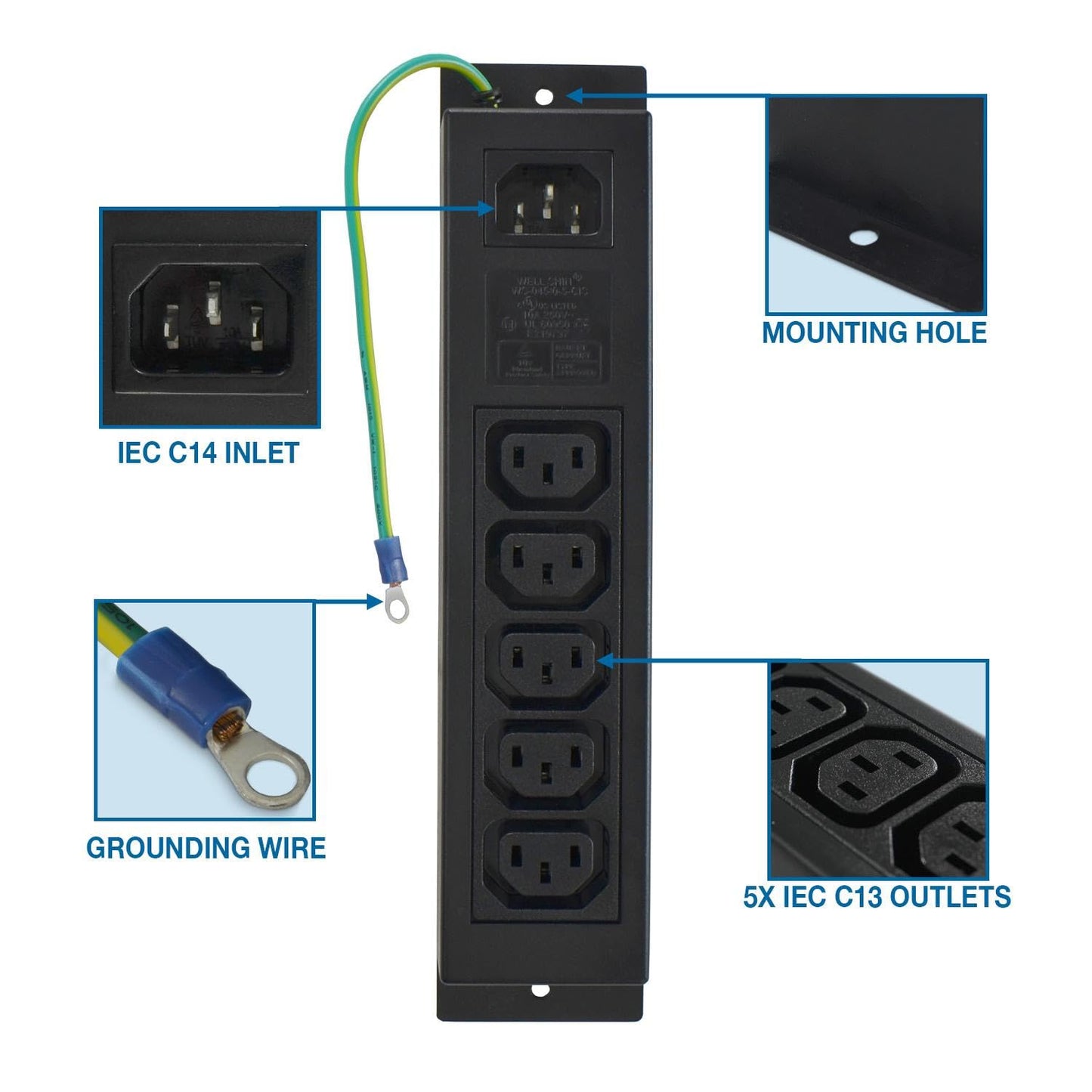 IEC Power Strip with 5 C13 Outlets & C14 Inlet, Rack Mount Server PDU, Heat-Resistant ABS, with Grounding Wire Out