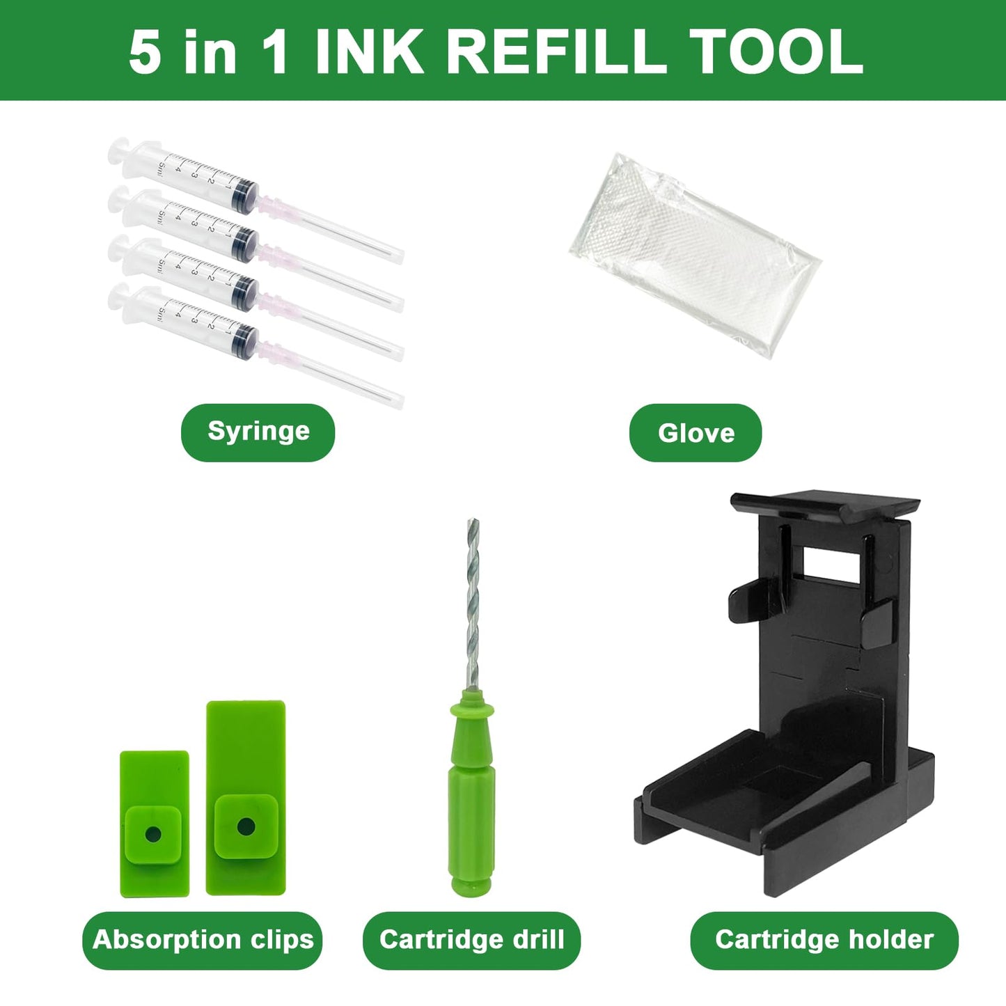 Dikarsum 5 in 1 Ink Refill Tools Compatible with Hp Inkjet Ink Cartridges (Ink Cartridge Holder,Hand Drill,Gloves,Ink pad,Syringes)