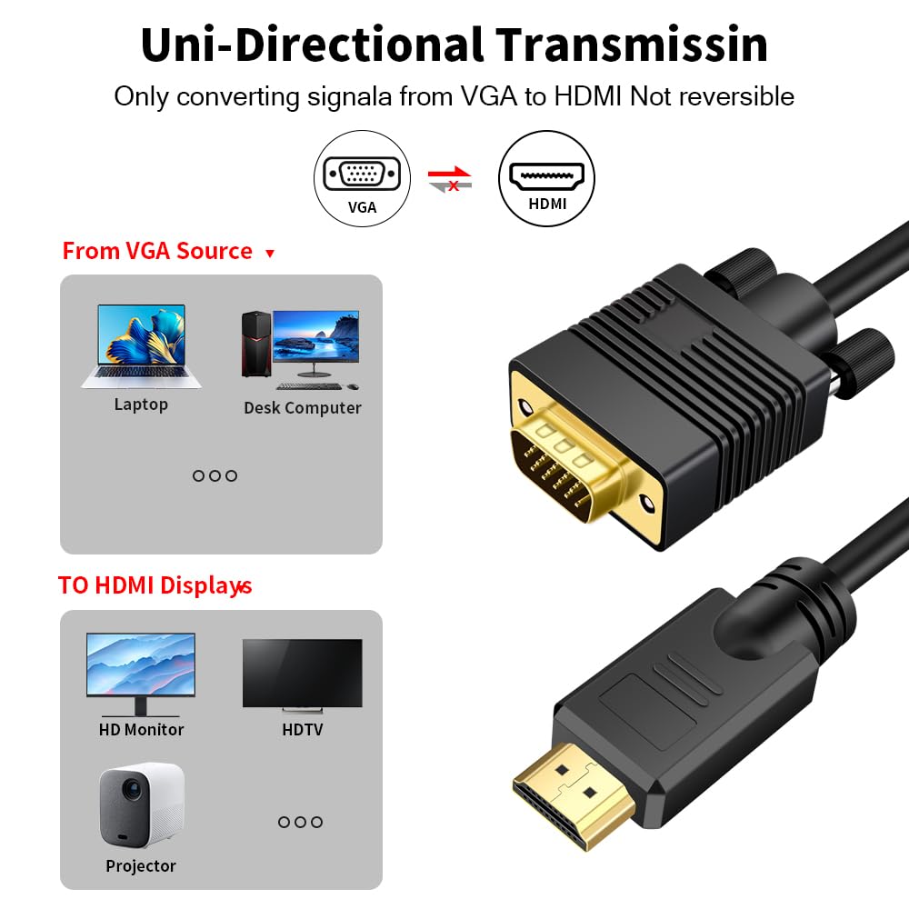 Kirzi VGA (Sources) to HDMI (Display) Cable 6ft with Audio, VGA Maleto HDMI Male Converter Cord Adapter Cable Compatible Witch Computer/Laptop