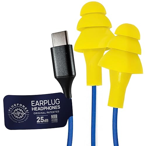 Plugfones Basic Earplug-Earbud Hybrid Earplug Headphones 25 dB Noise Reduction Rating Wired Noise Reducing Earphones Safety Earplugs for Work USB C…