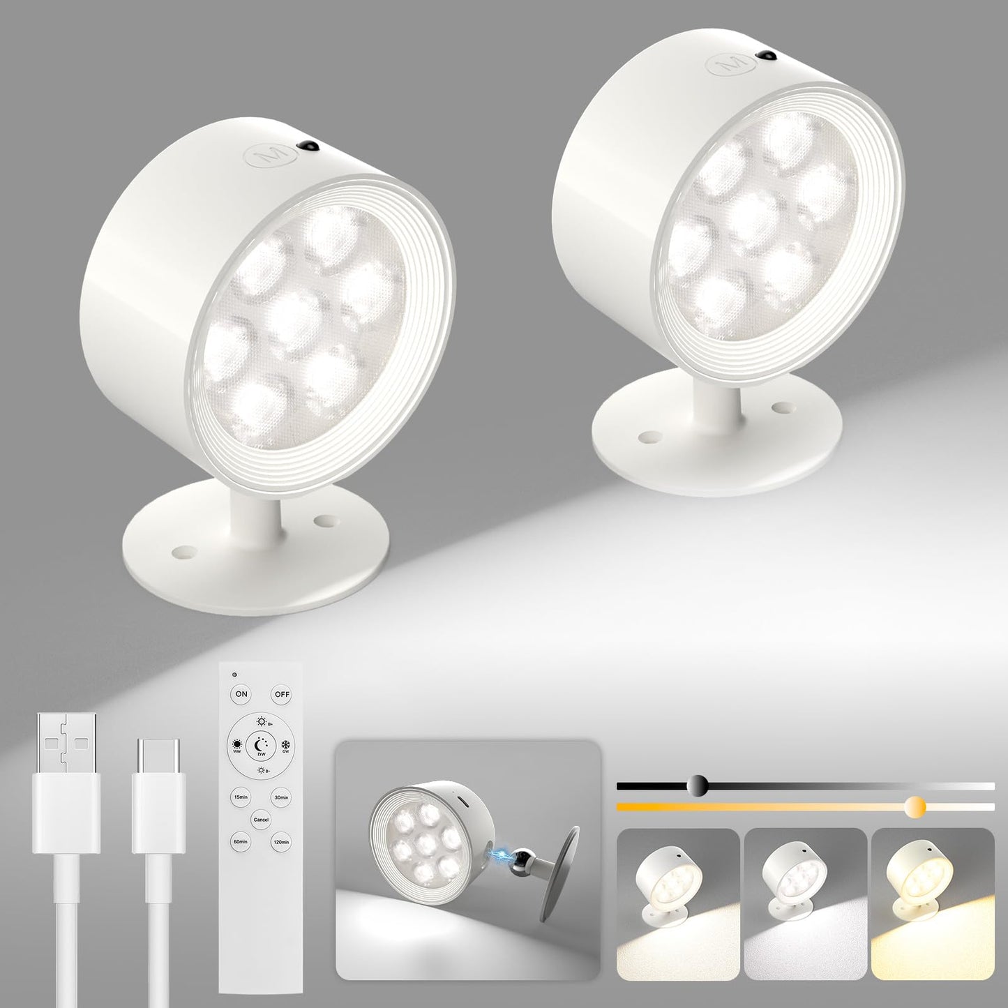 Cnlux LED Wall Lights 2 Pack, Dimmable Wireless Wall Sconces, Rechargeable Battery Operated Wall Sconce, 3 Color Temps, Remote ? Touch Control, 360°