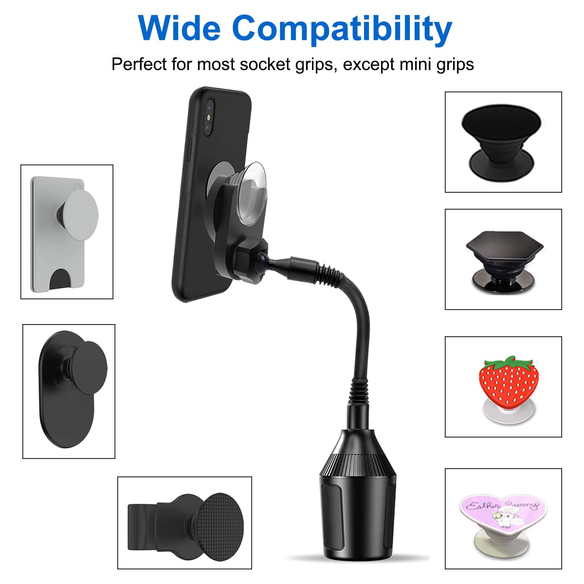 JCWINY Car Phone Holder for Pop Socket, Car Cup Holder Phone Holder Compatible with Popsocket Mount for Car, Flexible Gooseneck Car Mount for Pop