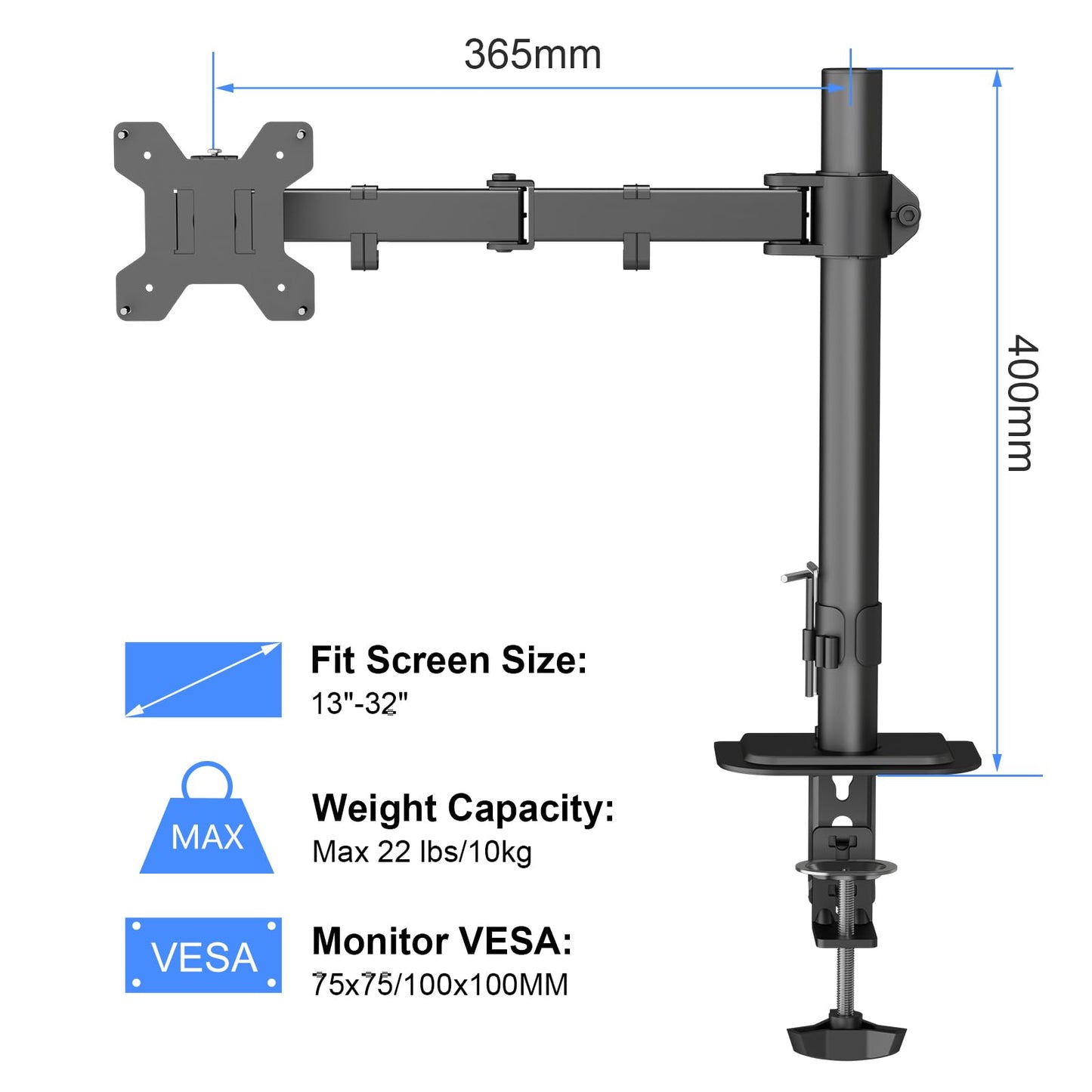 Suptek Single LED LCD Monitor Desk Mount Heavy Duty Fully Adjustable Monitor Stand for 1 / One Screen up to 27 inch