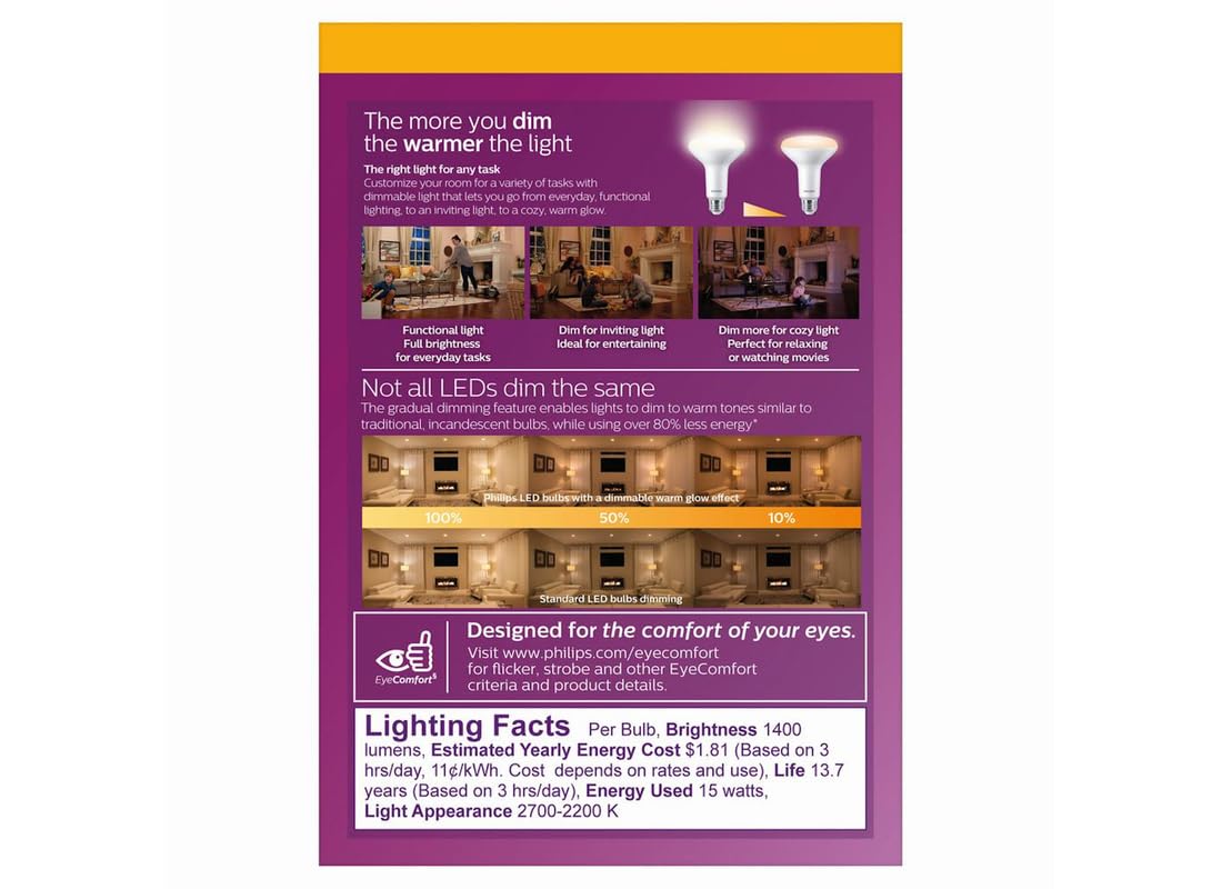 Philip Philips BR30 LED Indoor Flood Bulb with Warm Glow Effect,1400-Lumen,2700-2200-Kelvin,15 Watts (100-Watt Equivalent),E26 Base,Soft White