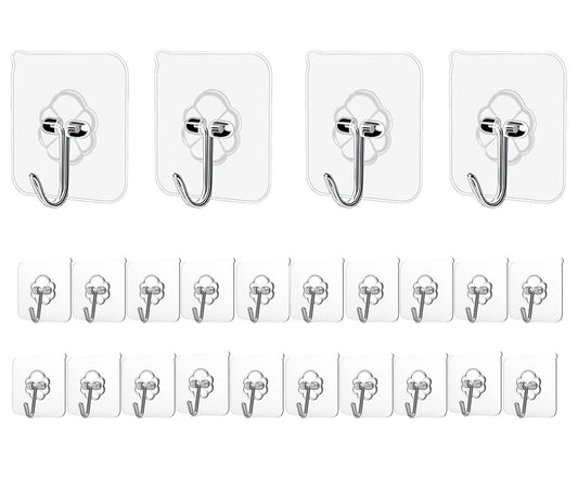 Adhesive Kitchen Wall Hooks, 24-Pack Heavy Duty 24lb Max, Transparent Waterproof Nail-Free Stainless Hangers for Keys, Bathroom, Outdoor & Home