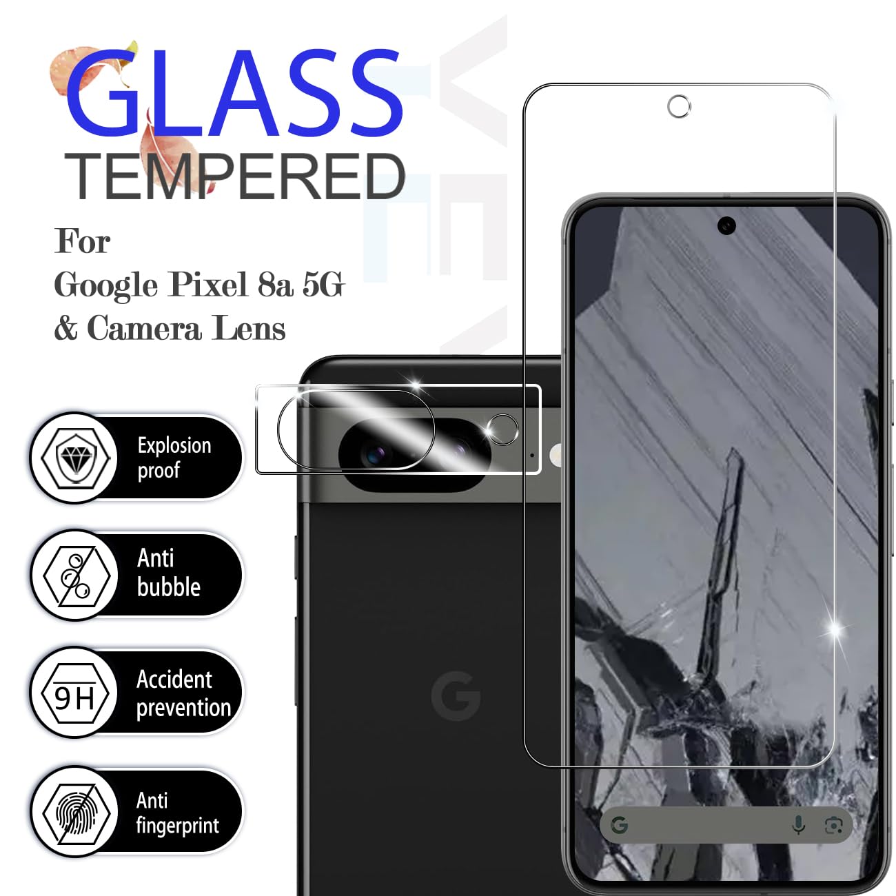 YEYEBF Pixel 8a HD Clear Tempered Glass Screen Protector + Camera Lens Protectors, [2+2 Pack] [3D Glass] [Anti-Glare] [Bubble-Free] Screen Protector