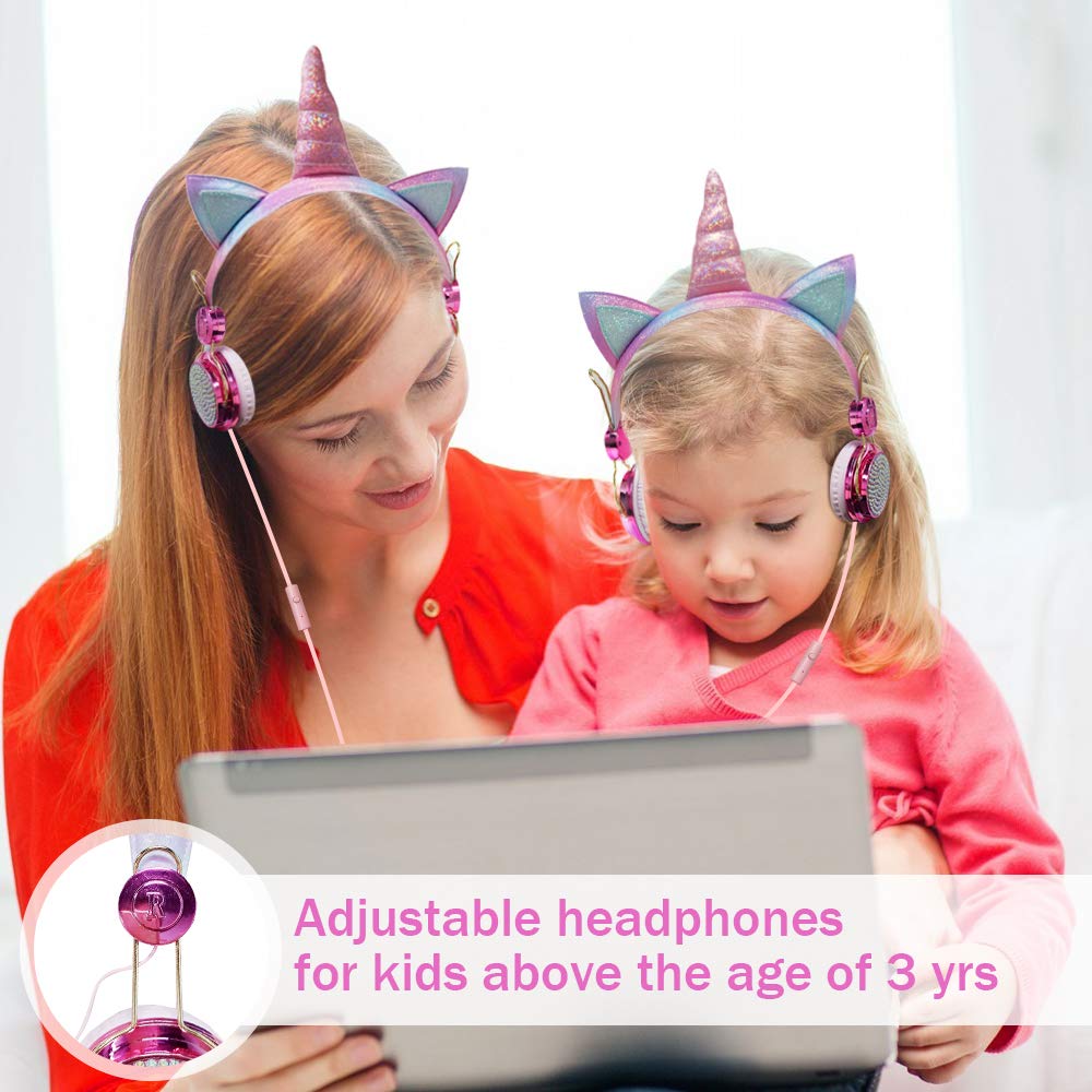 TCJJ Unicorn Kids Headphones for Girls Children Teens, Wired Headphones for Kids with Adjustable Headband, 3.5mm Jack and Over On Ear Headset w/Mic