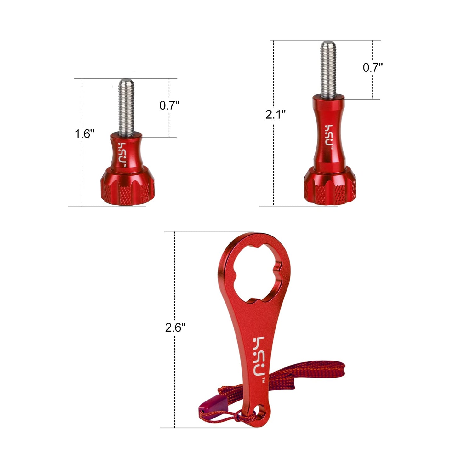HSU Aluminum Thumbscrew Set + Wrench for Gopro Hero 13, 12, 11, 10, 9, 8, 7, 6, 5, 4, 3, AKASO Campark and Other Action Cameras (3pcs, Red)