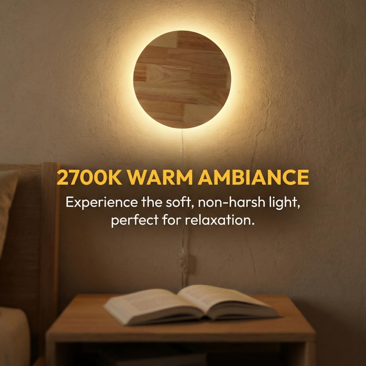 Modern Minimalist Plug-in LED Wall Sconce, 11.8'' Round Solid Wood Backlit Wall Lamp, Plug-in/Hardwired Option Wall Light Fixture for Bedroom, Living
