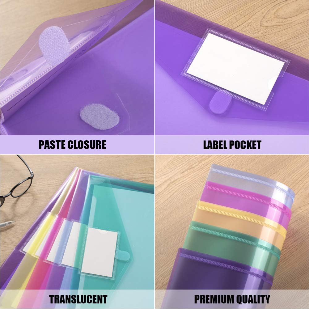 Sooez 24 Pack File Folders, Clear Poly Envelopes Plastic Folders, Folder for Documents Letter A4 Size with Label Pocket, Teacher School Office