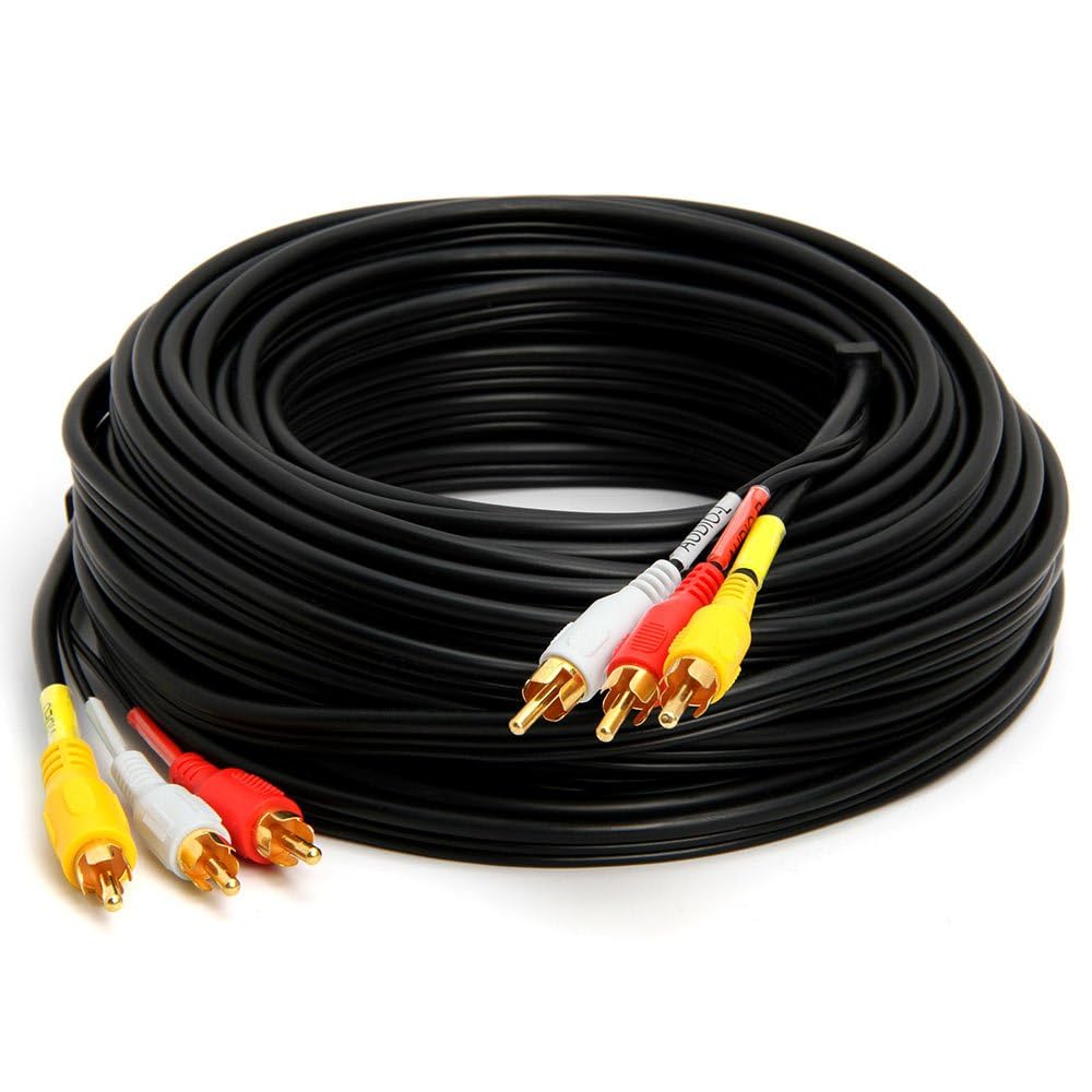 Cmple - 3 RCA Cable 50 Feet Composite Three RCA Male to Male Audio Video Cables A/V Gold Plated Triple Plug to Plug Cord for VHS/DVD Players, TVs