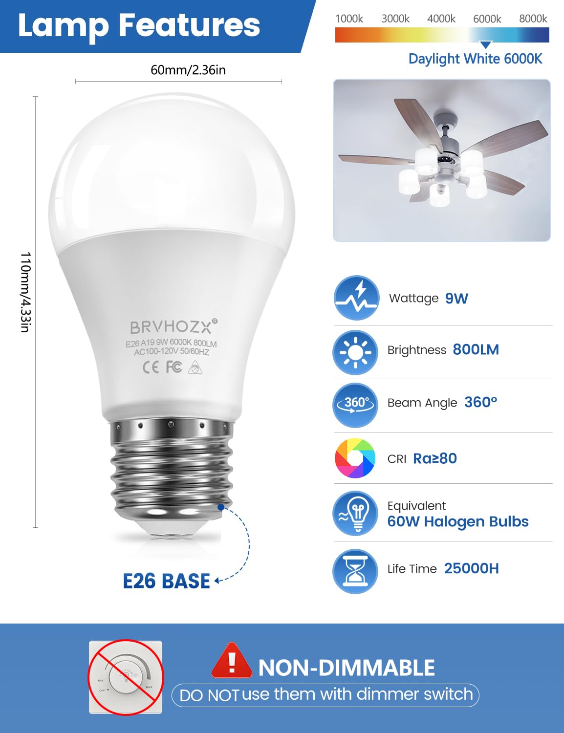 BRVHOZX A19 LED Light Bulbs, 9W Daylight White 6000K 800LM with E26 Base, Equivalent to 60W Halogen, Non-Dimmable, 360°Beam Angle, AC 100-120V, Led
